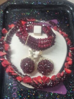 Red Beaded Bracelet and Earrings Set - Women Jewelry